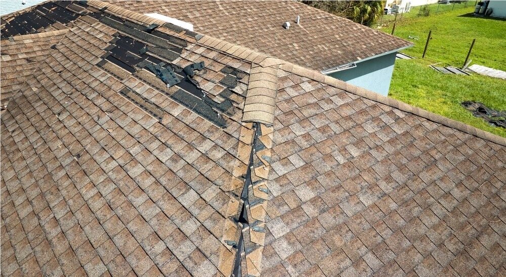 Strom damage on asphalt shingles